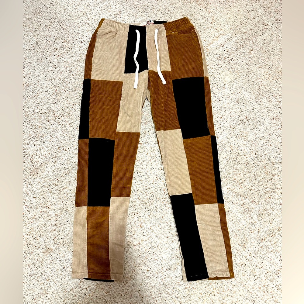 Patchwork Corduroy Wide-Leg Pants in Brown & Beige